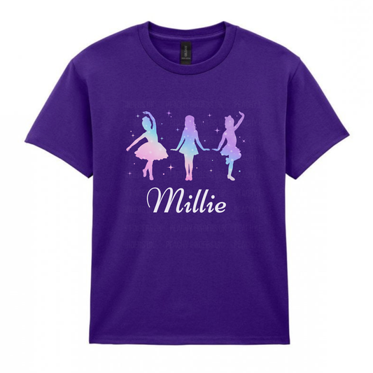 Girls purple personalised dance t-shirt featuring three ombre pastel silhouette dancers with stars and the name “Millie” printed below.