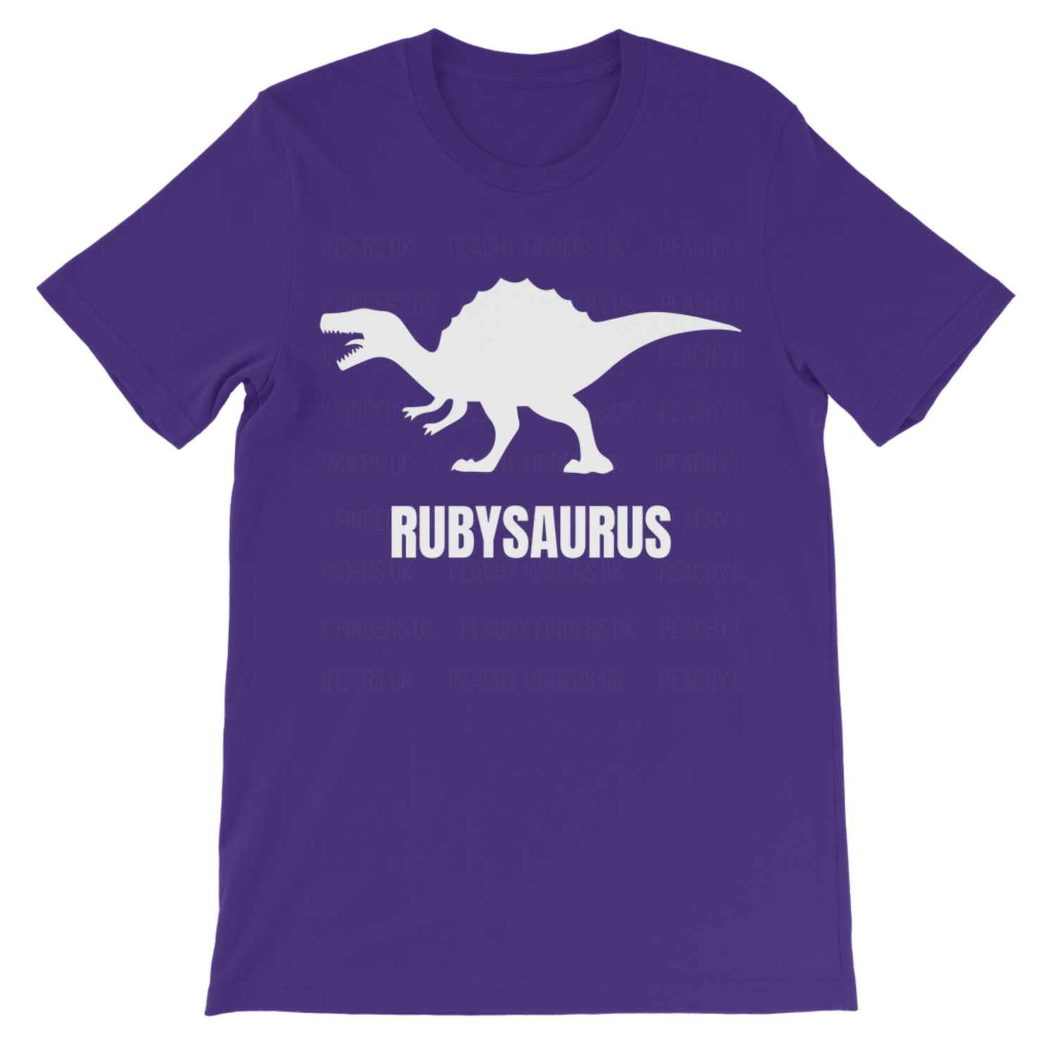 Girls purple t-shirt with a white dinosaur graphic and 'Rubysaurus' text on a white background