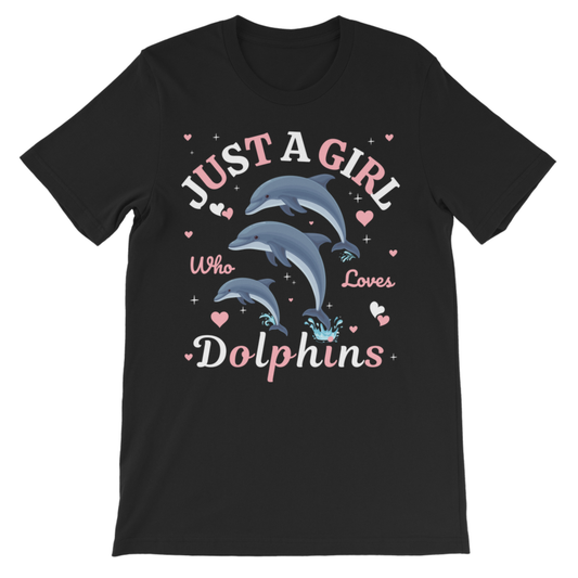 Girls black t-shirt with 'Just a Girl Who Loves Dolphins' text and dolphin graphics on a white background