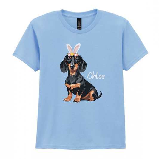 Light blue girls Easter dachshund t-shirt personalised with name Chloe, bunny ears sausage dog design