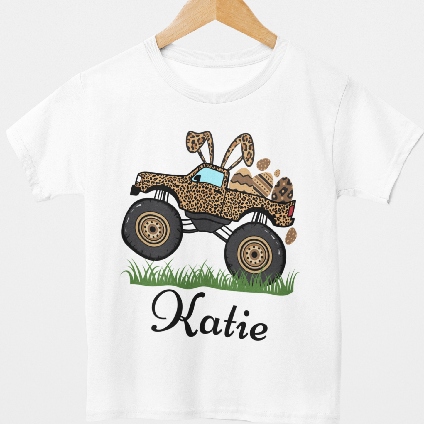 Girls Personalised Easter Leopard Print Monster Truck T-Shirt (3-13 yrs)