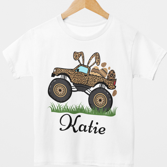 Girls Personalised Easter Leopard Print Monster Truck T-Shirt (3-13 yrs)