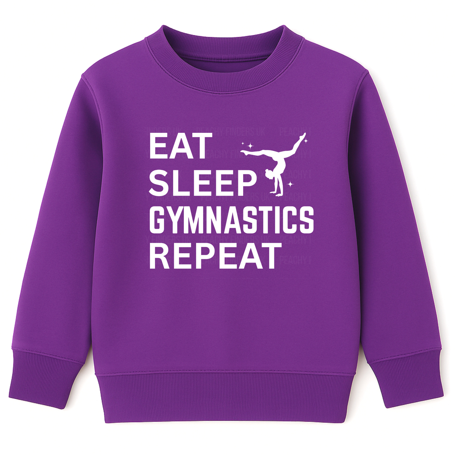 Purple Eat Sleep Gymnastics Repeat sweatshirt for kids ages 5 to 13