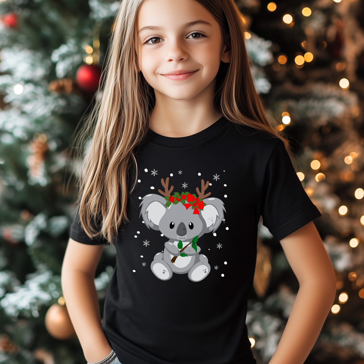 Girl standing in front of a Christmas tree wearing a festive koala black printed t-shirt.