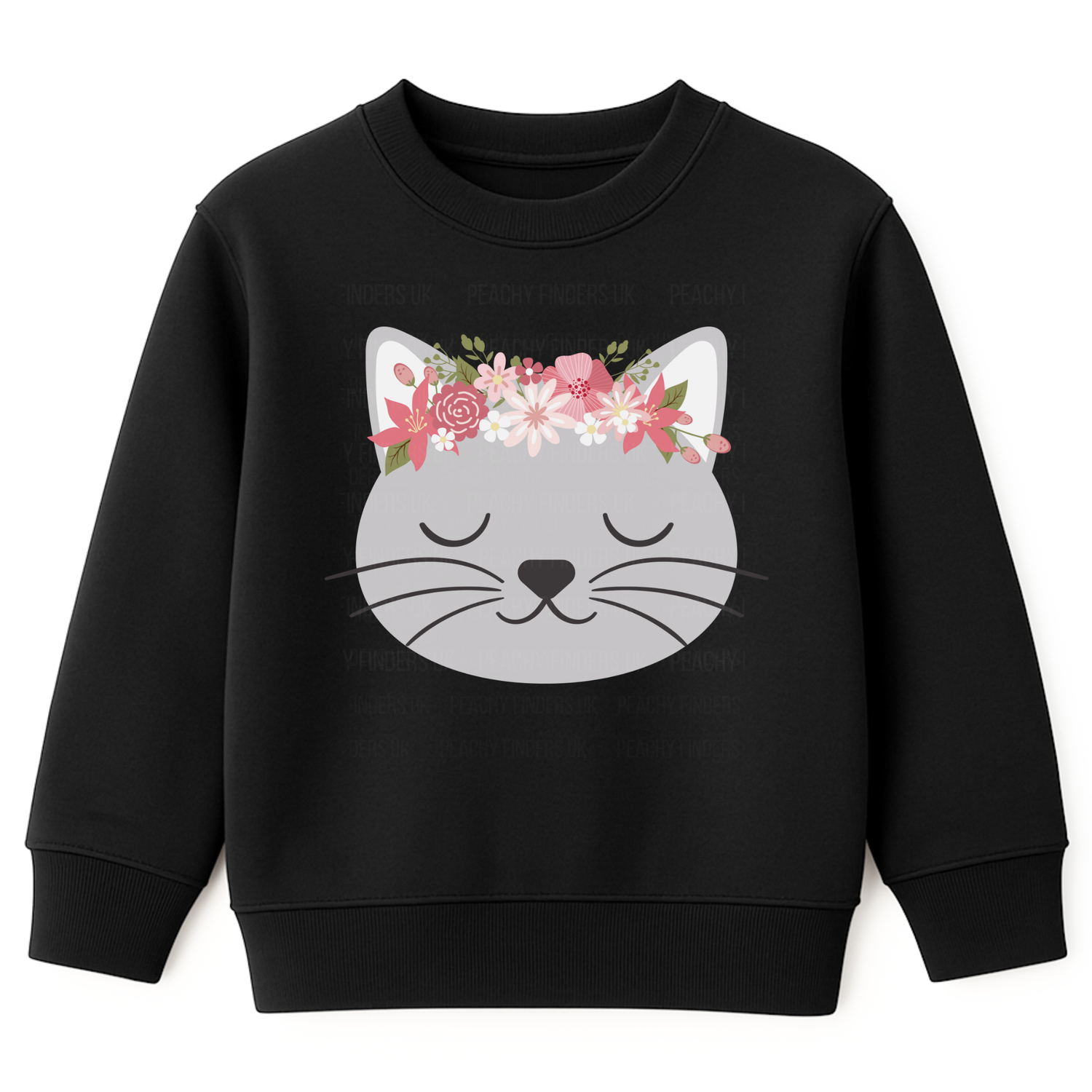 Girls black sweatshirt featuring a sleeping grey cat face with pink and white floral crown