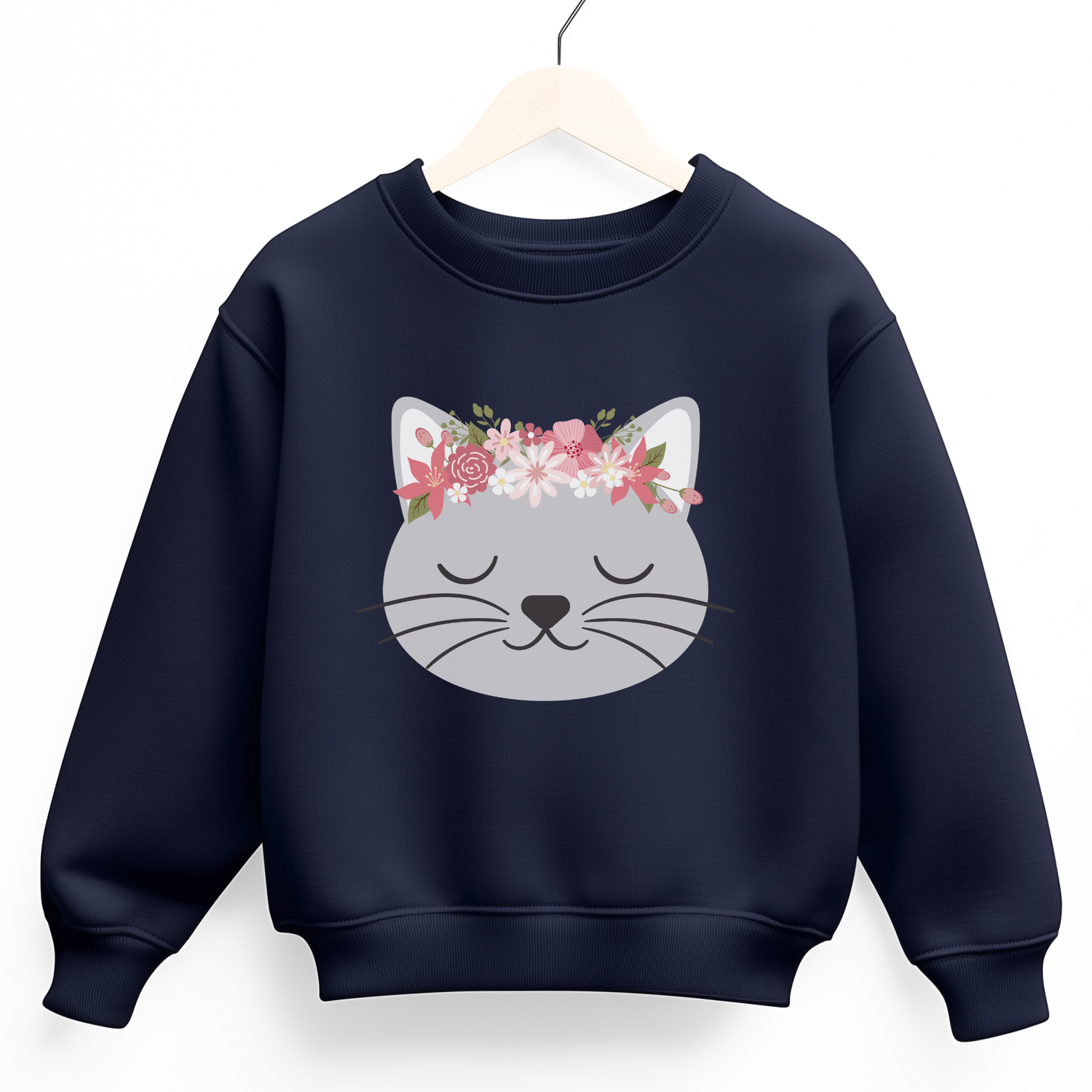 Navy girls jumper featuring a cute grey cat face with closed eyes and a pink floral crown above its ears.