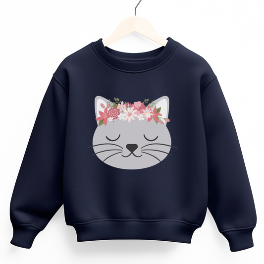 Navy girls jumper featuring a cute grey cat face with closed eyes and a pink floral crown above its ears.