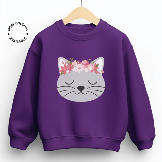 Purple kids sweatshirt featuring a cute grey cat face with closed eyes and a pink floral crown above its ears.