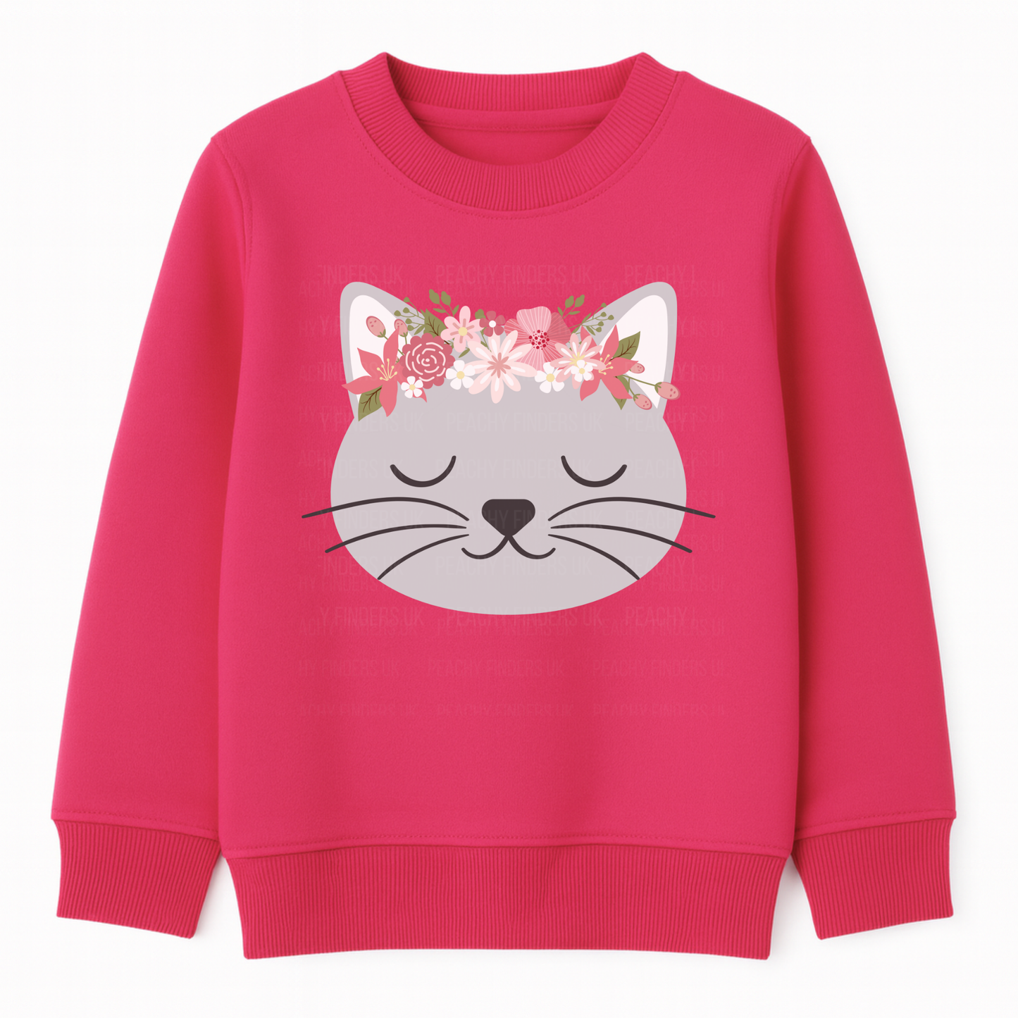 Girls hot pink sweatshirt featuring a sleeping grey cat face with pink and white floral crown