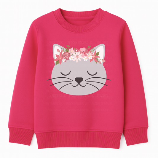 Girls hot pink sweatshirt featuring a sleeping grey cat face with pink and white floral crown