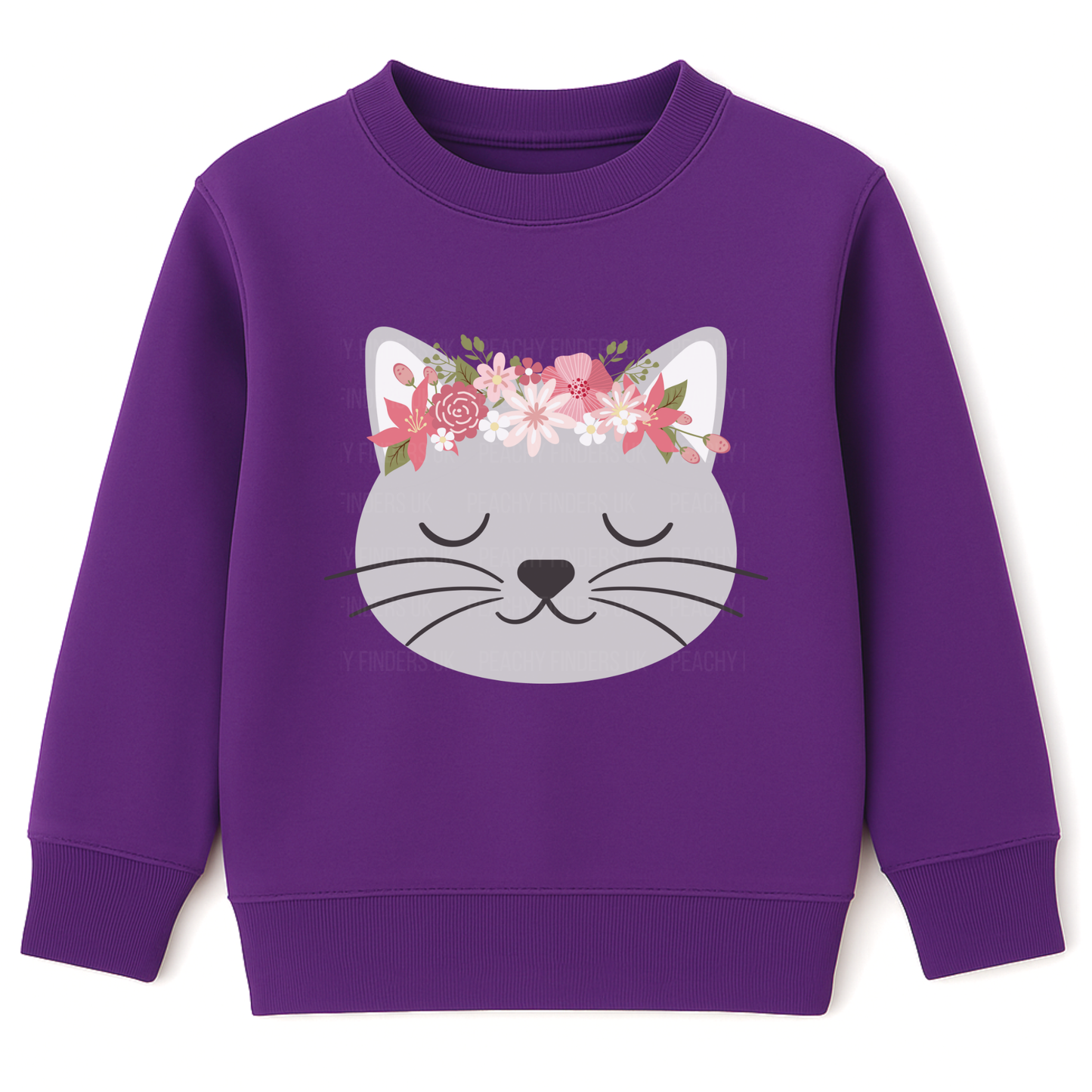 Girls purple sweatshirt featuring a sleeping grey cat face with pink and white floral crown