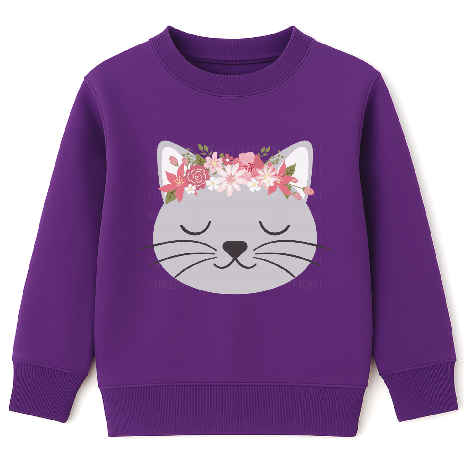 Girls purple sweatshirt featuring a sleeping grey cat face with pink and white floral crown