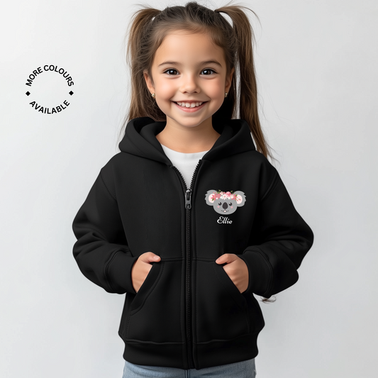 Girls Personalised Floral Koala Zip Hoodie | 3 - 13 years