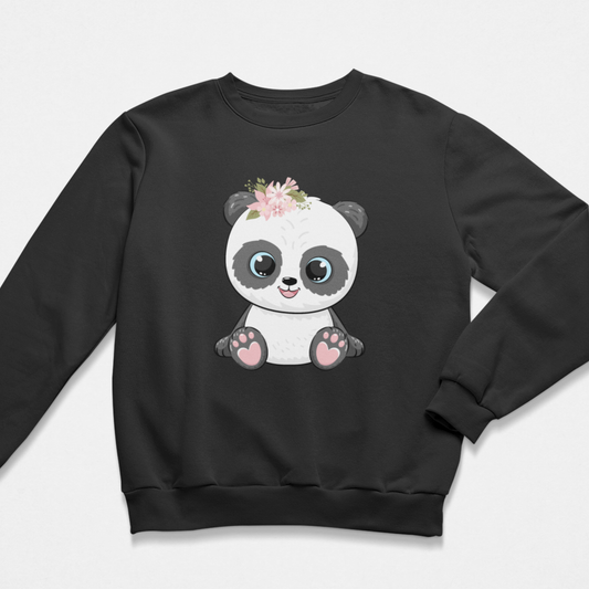 Girls sweatshirt in black with a sweet floral panda print on the chest - flat lay on a white background