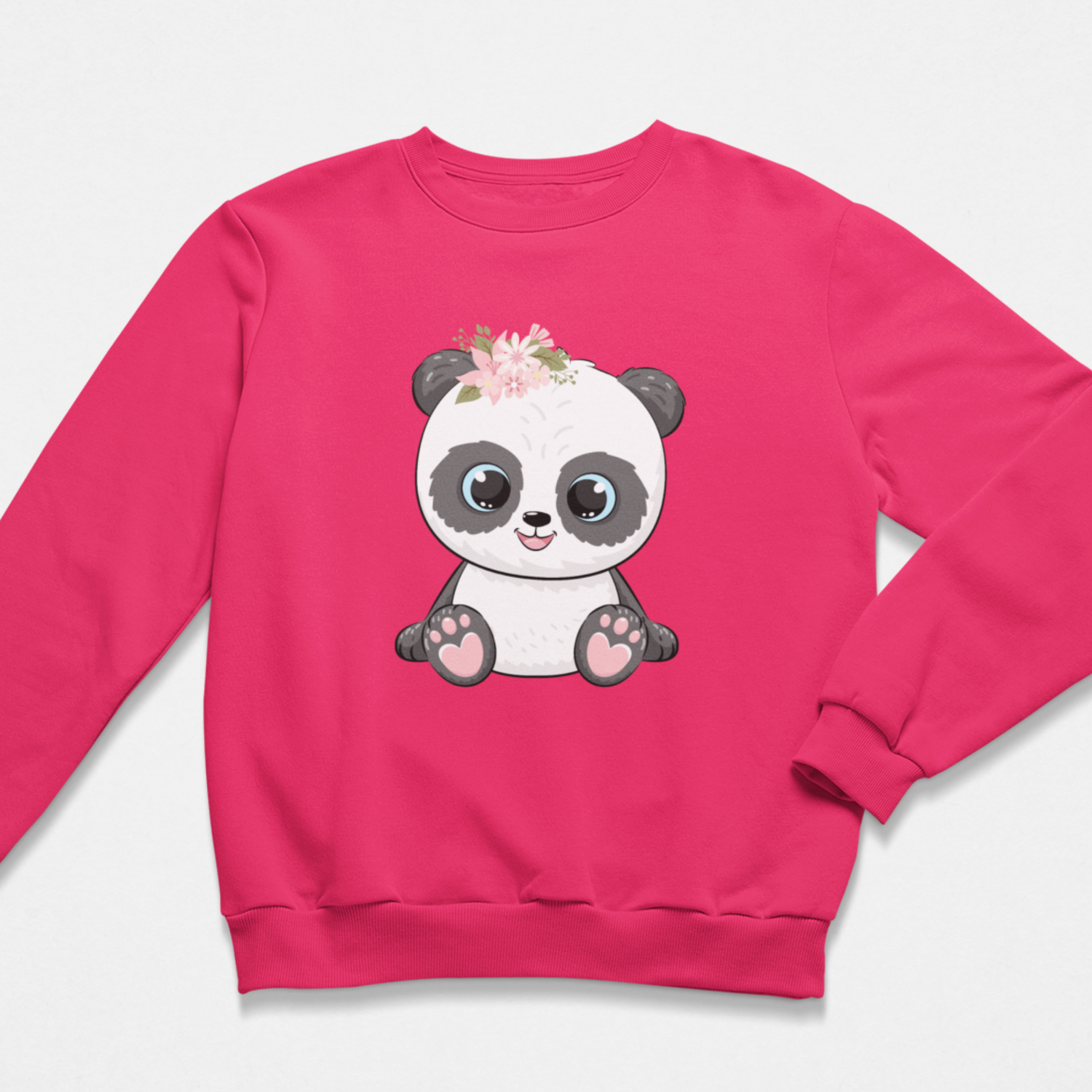 Girls hot pink sweatshirt with a cute floral panda graphic - flat lay on a white background