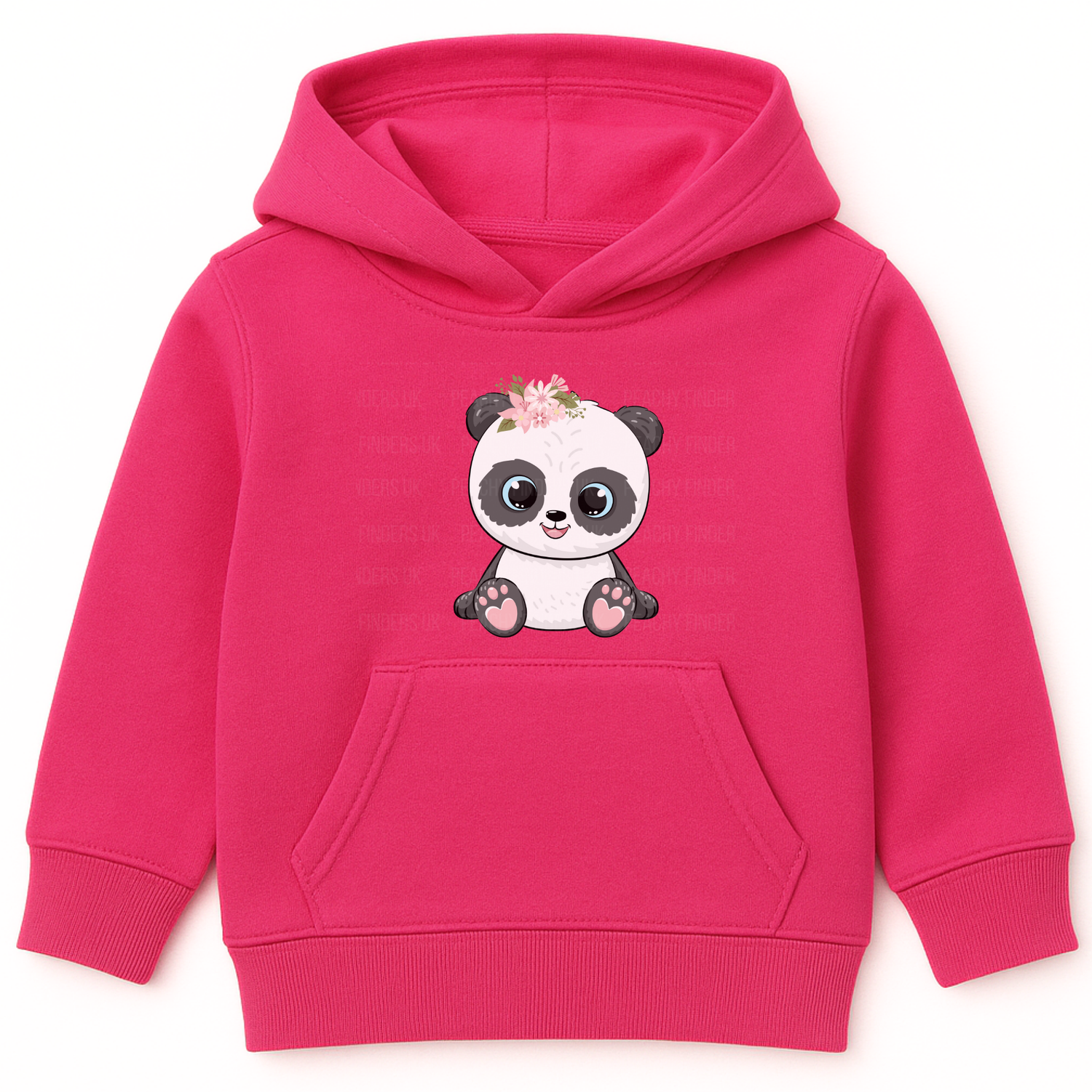 Girls hot pink pullover hoodie with a sweet panda and flowers graphic printed on the front.