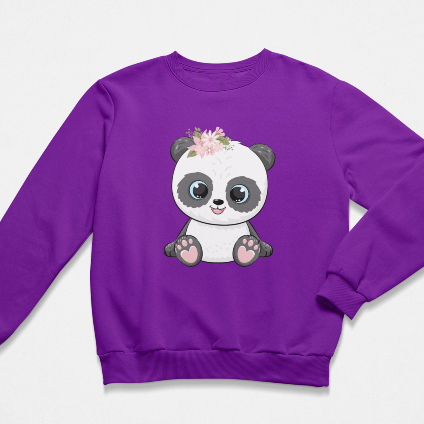 Girls purple sweatshirt with a floral panda graphic - flat lay on a white background