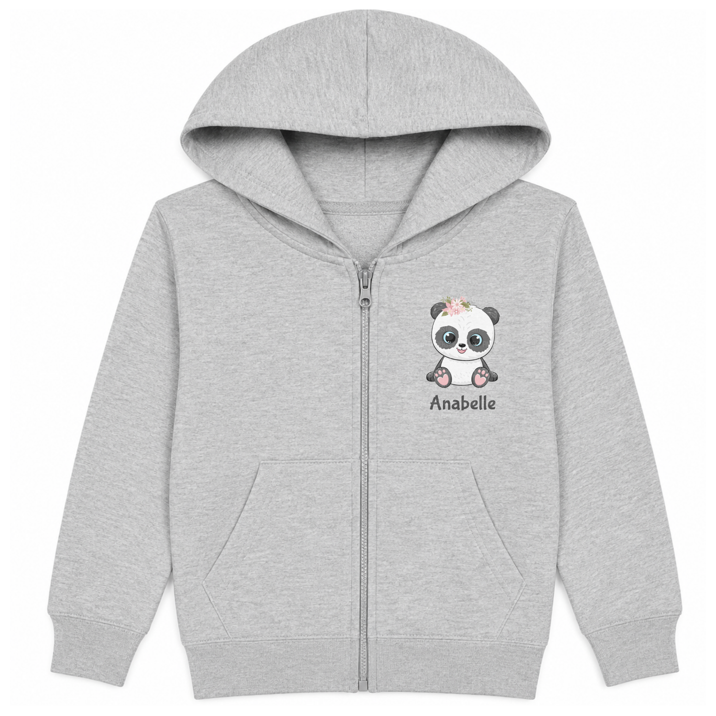Personalised girls heather grey zip hoodie featuring cute floral panda design with custom name printed on the chest.
