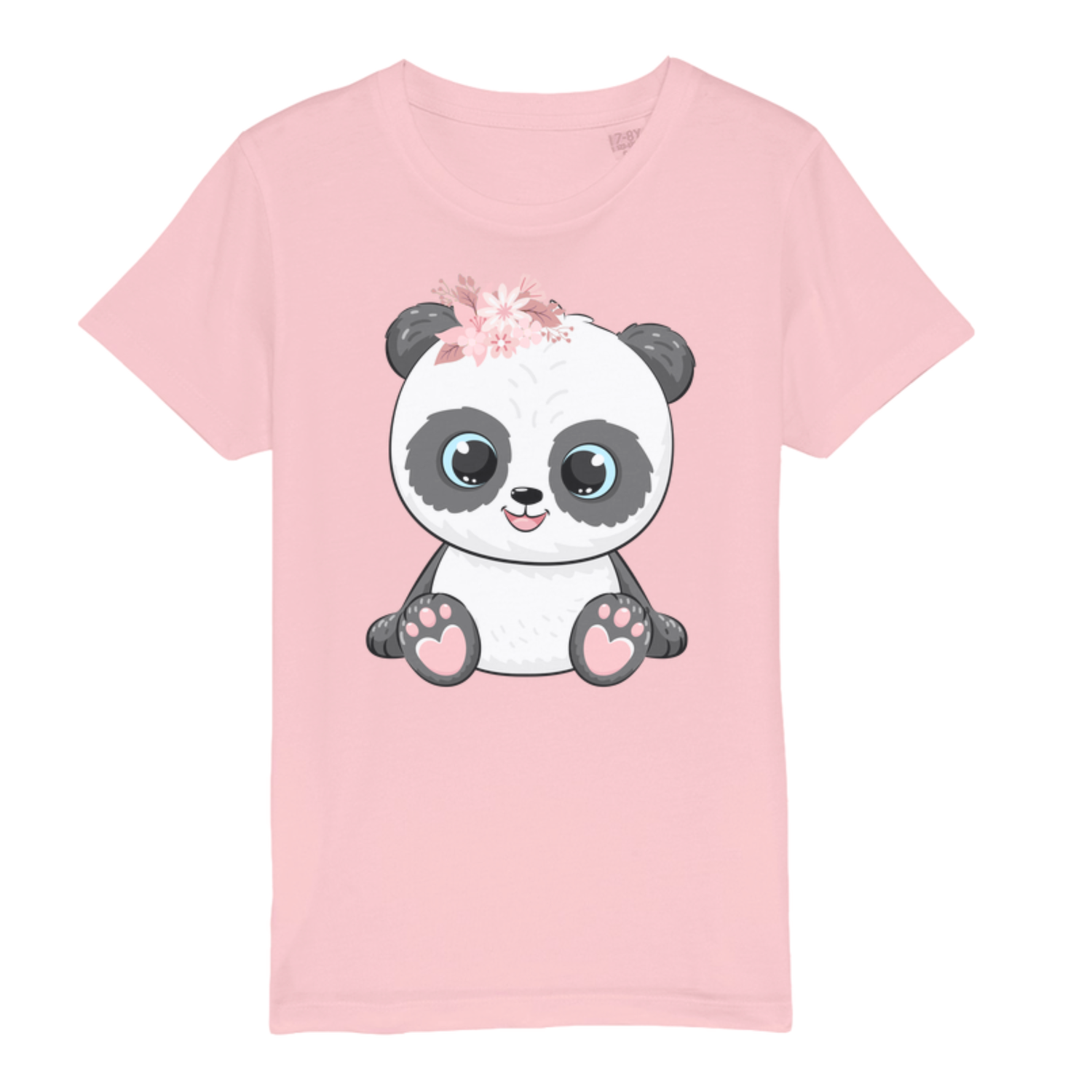 Pink girls organic cotton t-shirt featuring a cute panda illustration with big blue eyes and a floral crown