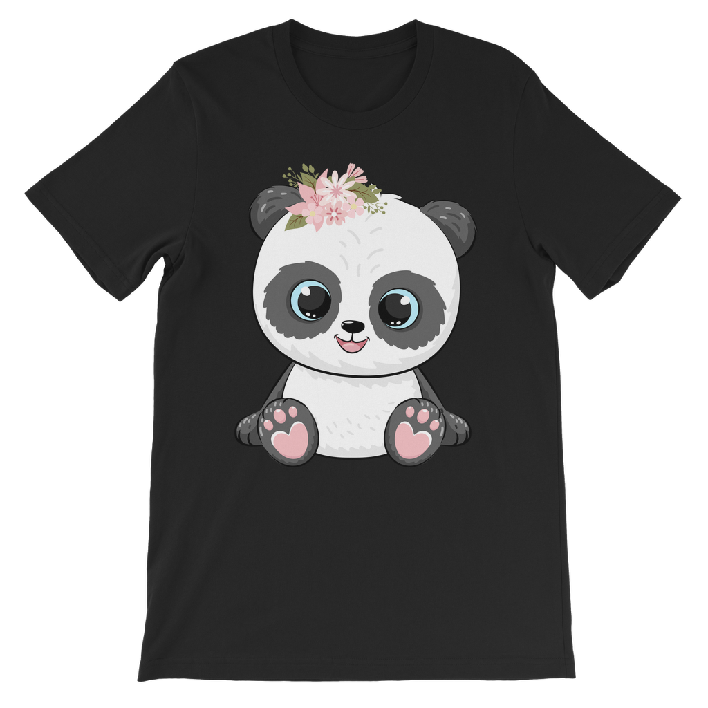 Girls black cotton t-shirt featuring a cute panda illustration with a pink floral crown and smiling face.