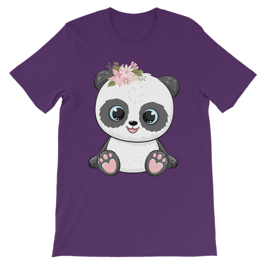 Purple girls cotton t-shirt featuring a cute panda illustration with a pink floral crown and smiling face.