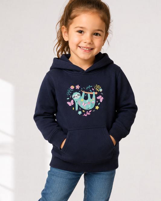 Girls navy floral sloth heart hoodie worn by smiling young girl with blue jeans, kids pullover hoodie mockup