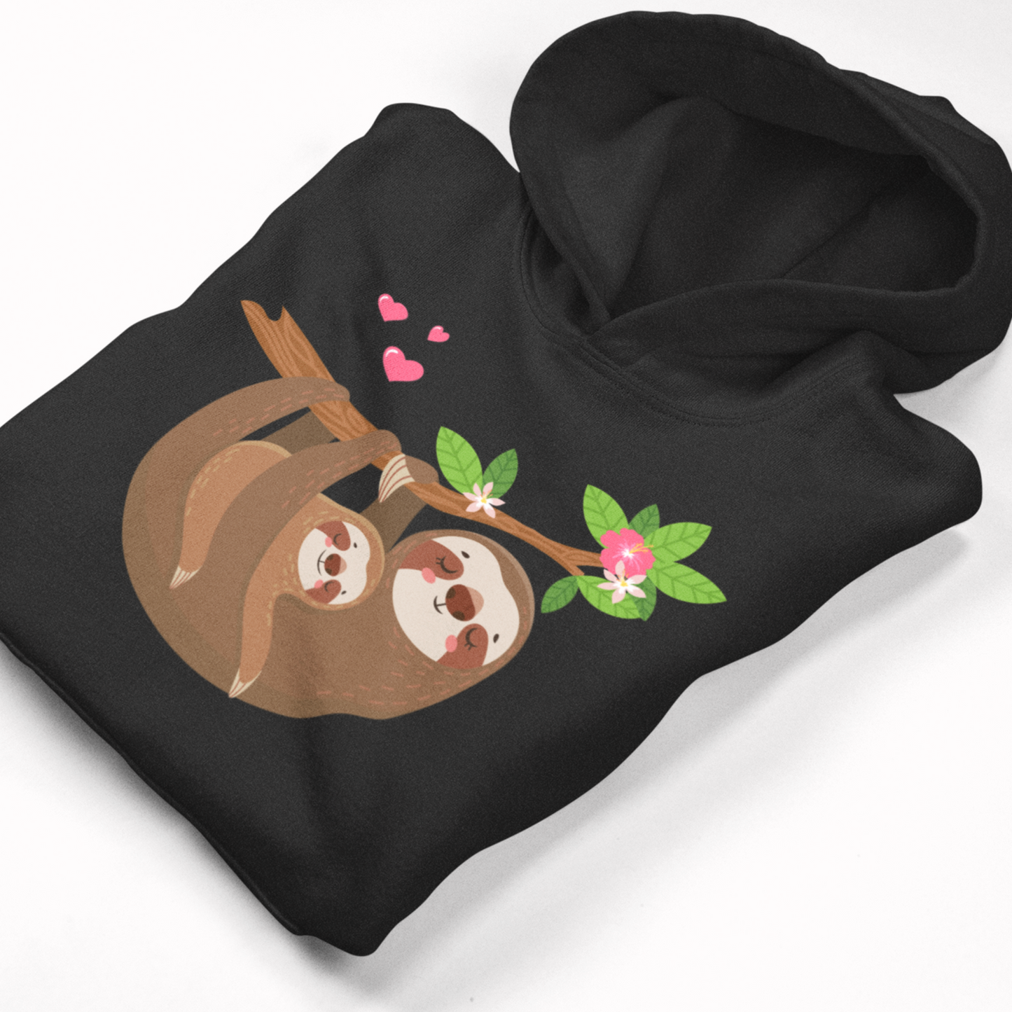 Kids black hoodie with sloth design on a white background