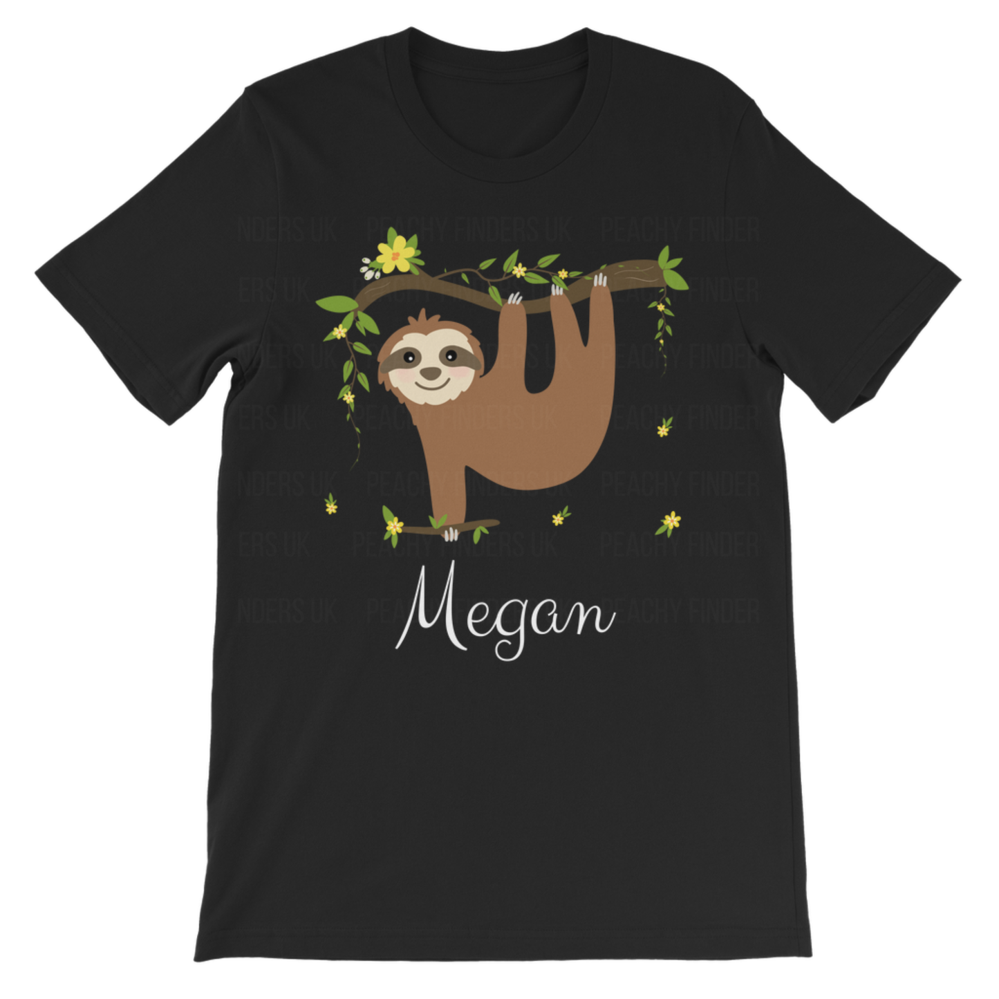 Girls black short sleeved t-shirt with a sloth hanging from a tree, delicate yellow flowers and foliage, custom name 'Megan below design 