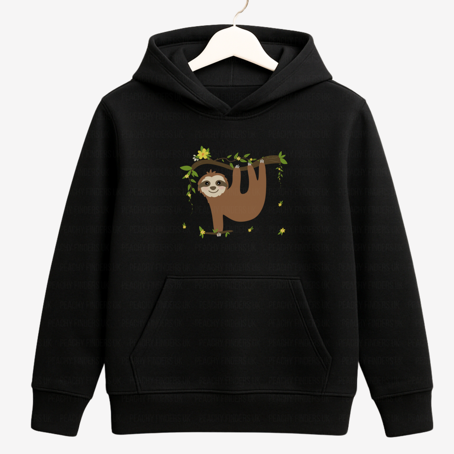 Girls black pullover hoodie featuring a cute smiling sloth hanging from a leafy branch with yellow flowers on a hanger