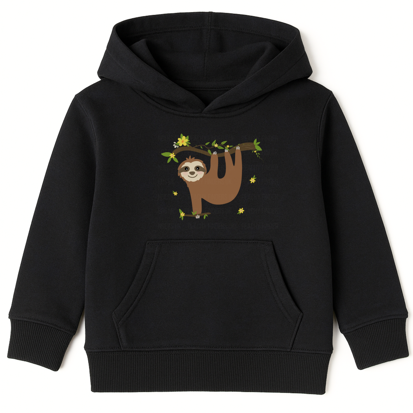 Girls black pullover hoodie featuring a cute smiling sloth hanging from a leafy branch with yellow flowers.