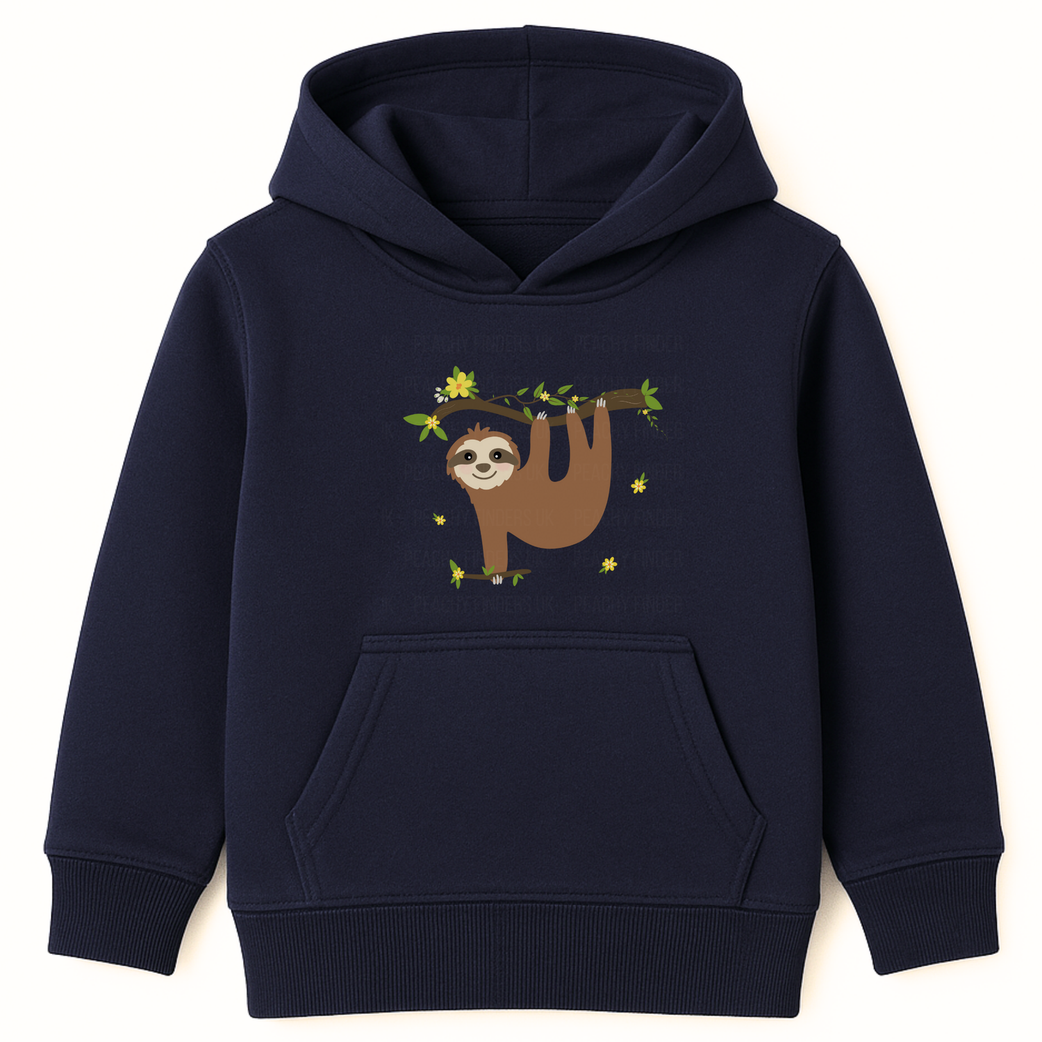 Girls navy pullover hoodie featuring a cute smiling sloth hanging from a leafy branch with yellow flowers.