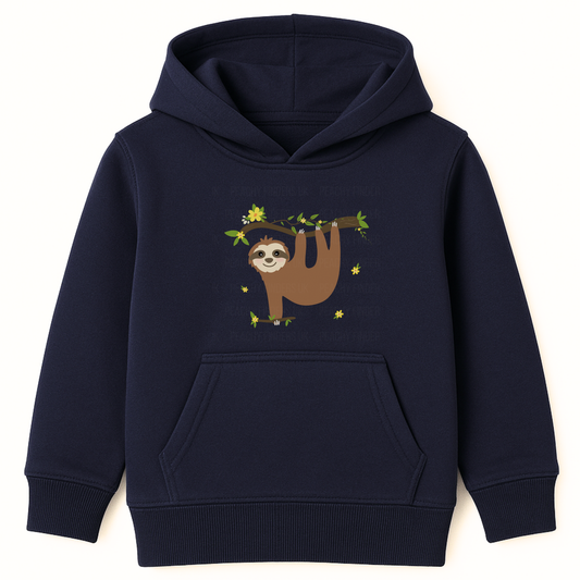 Girls navy pullover hoodie featuring a cute smiling sloth hanging from a leafy branch with yellow flowers.