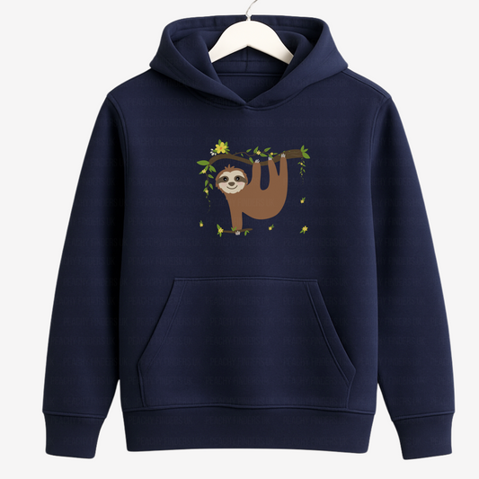 Girls navy pullover hoodie featuring a cute smiling sloth hanging from a leafy branch with yellow flowers on a hanger