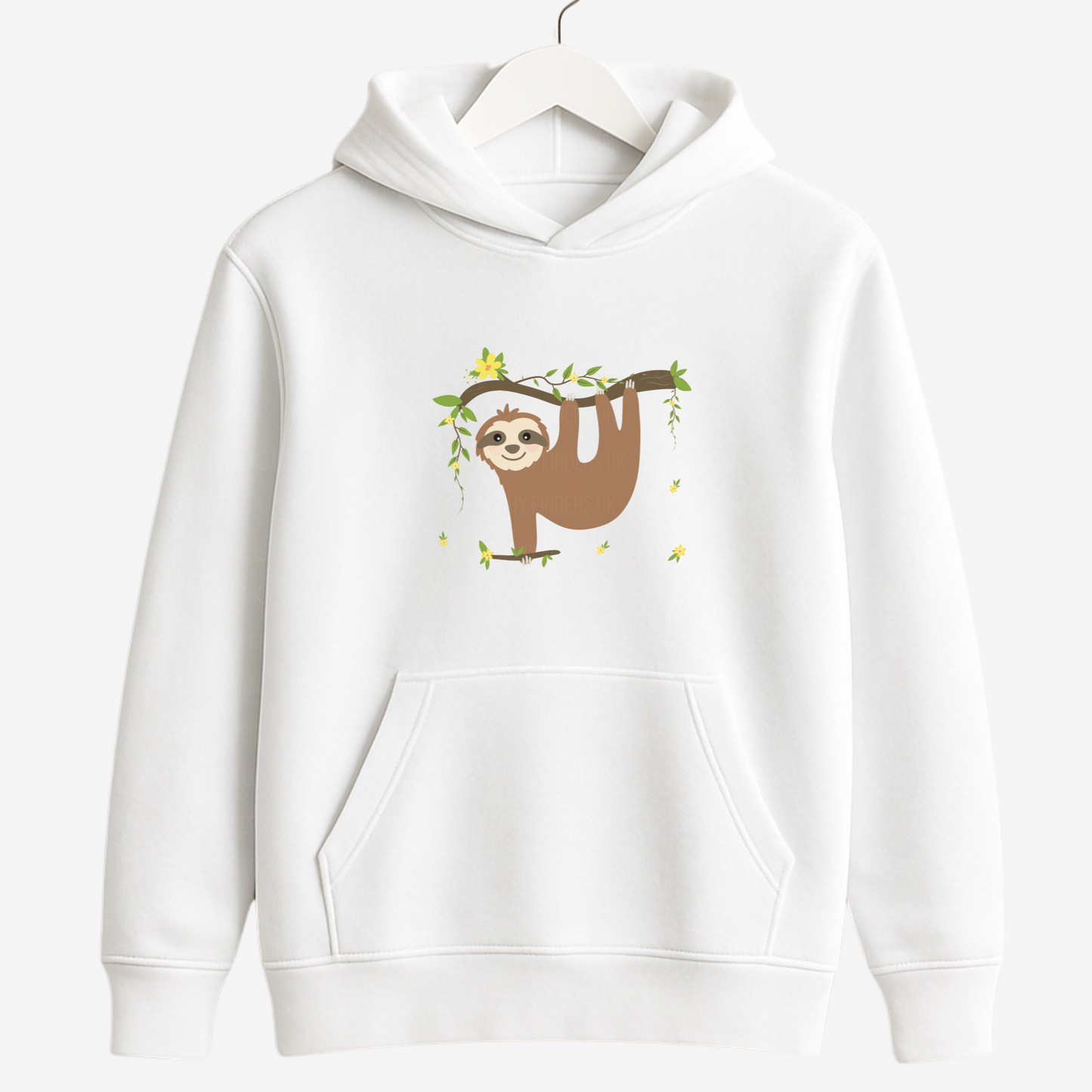 White pullover hoodie for girls, featuring a cute smiling sloth hanging from a leafy branch with yellow flowers on a hanger