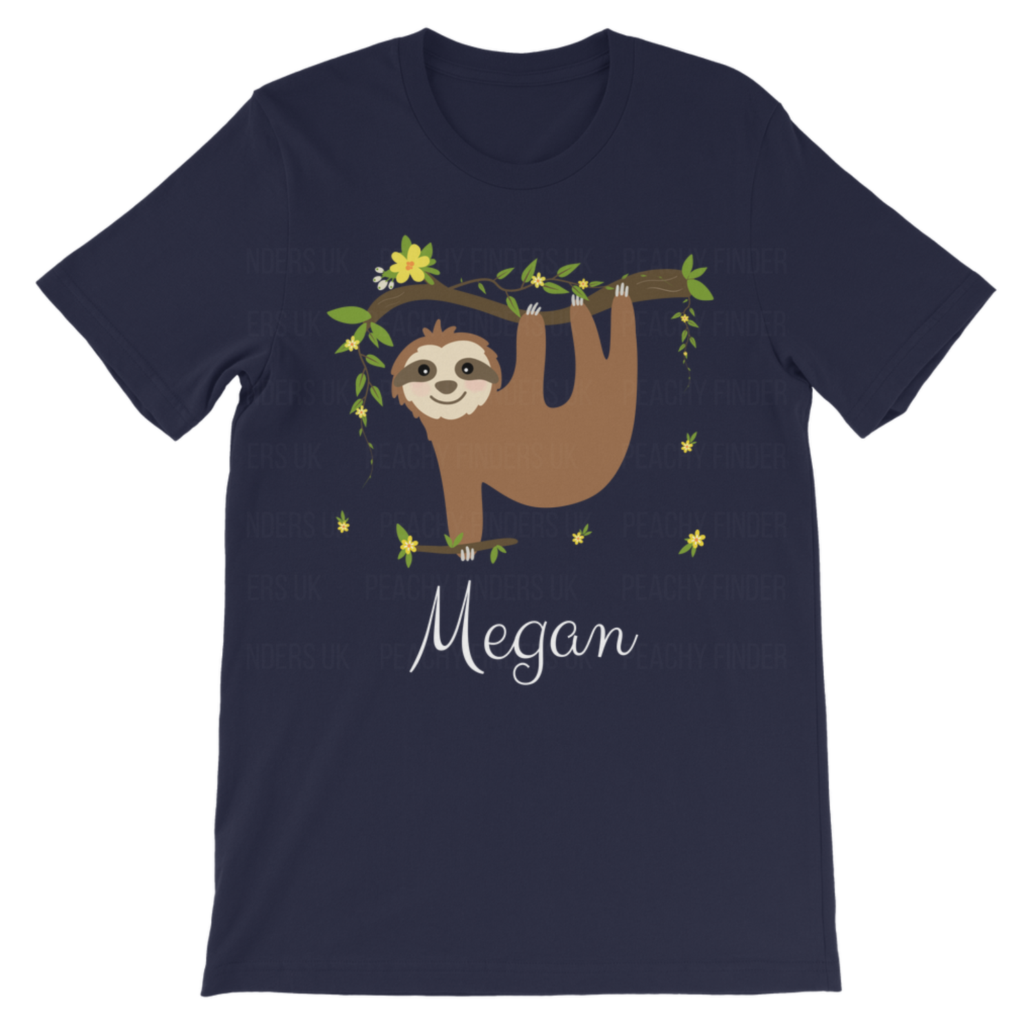 Girls navy short sleeved t-shirt with a sloth hanging from a tree, delicate yellow flowers and foliage, custom name 'Megan below design 