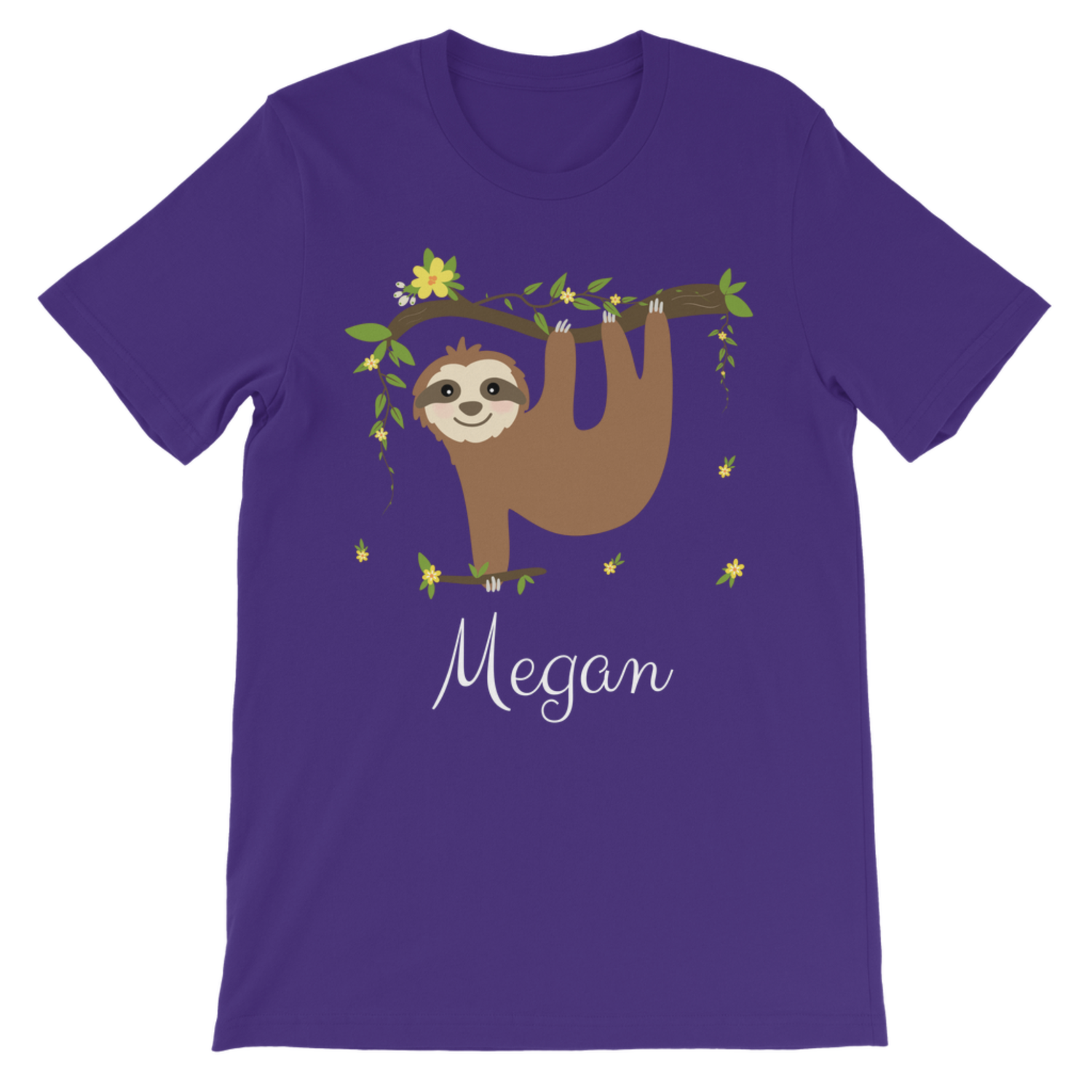 Girls purple short sleeved t-shirt with a sloth hanging from a tree, delicate yellow flowers and foliage, custom name 'Megan below design 
