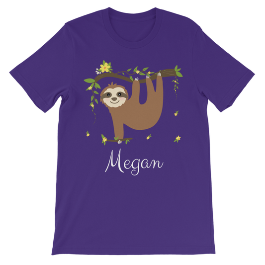 Girls purple short sleeved t-shirt with a sloth hanging from a tree, delicate yellow flowers and foliage, custom name 'Megan below design 