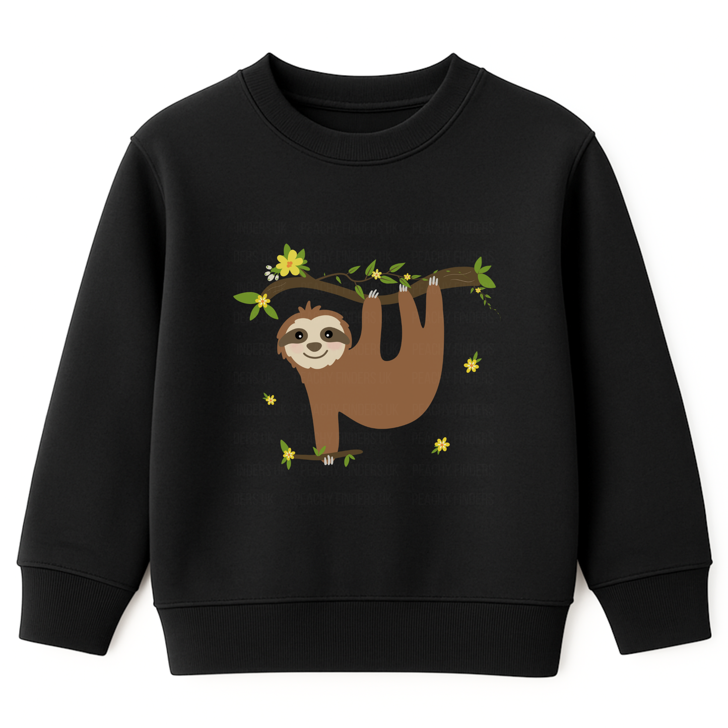 Girls black sweatshirt featuring a cute sloth hanging from a leafy branch with yellow flowers