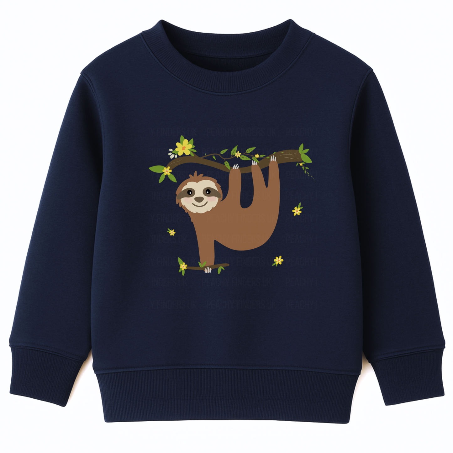 Girls navy sweatshirt featuring a cute sloth hanging from a leafy branch with yellow flowers