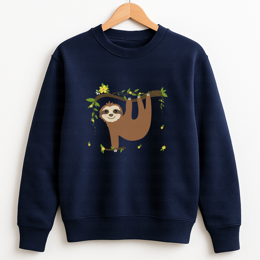 Kids navy sweatshirt featuring a cute sloth hanging from a leafy branch with yellow flowers, designed for girls aged 3 to 13.