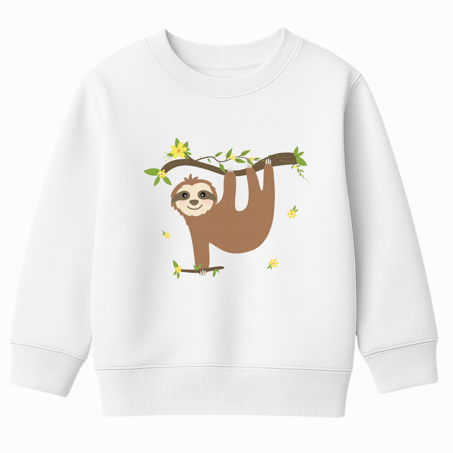 Girls white sweatshirt featuring a cute sloth hanging from a leafy branch with yellow flowers