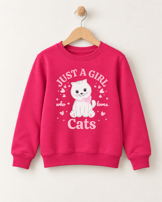 Girls sweatshirt hanging on a wooden hanger, featuring a white kitten with a pink bow surrounded by hearts and the text "Just a Girl Who Loves Cats."