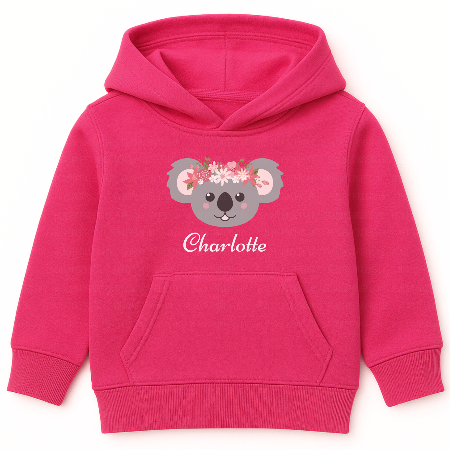 Hot pink girls personalised hoodie featuring a cute koala face wearing a floral crown with pink and white flowers, customised with the name.