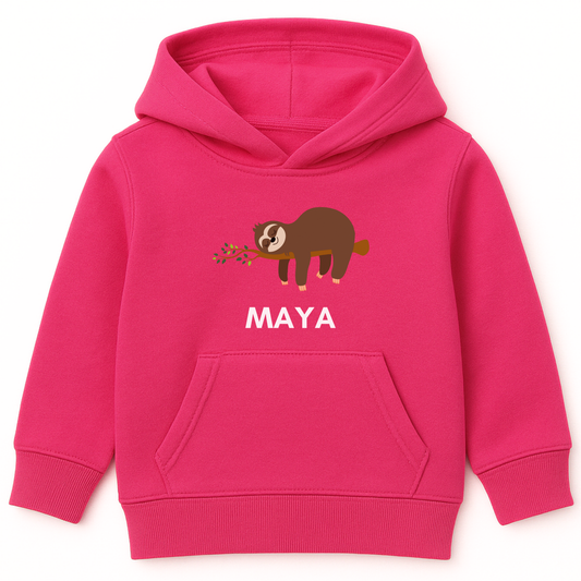Girls custom name sloth hoodie in hot pink with sleeping sloth design and girls name