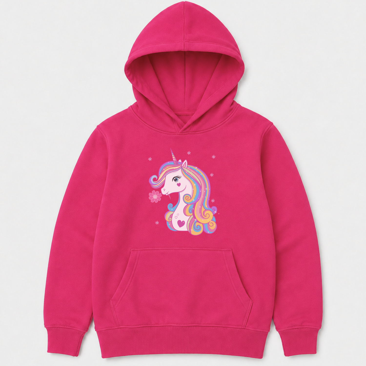 Hot pink girls’ pullover hoodie featuring a white unicorn with a colourful mane, pink hearts and small flowers.