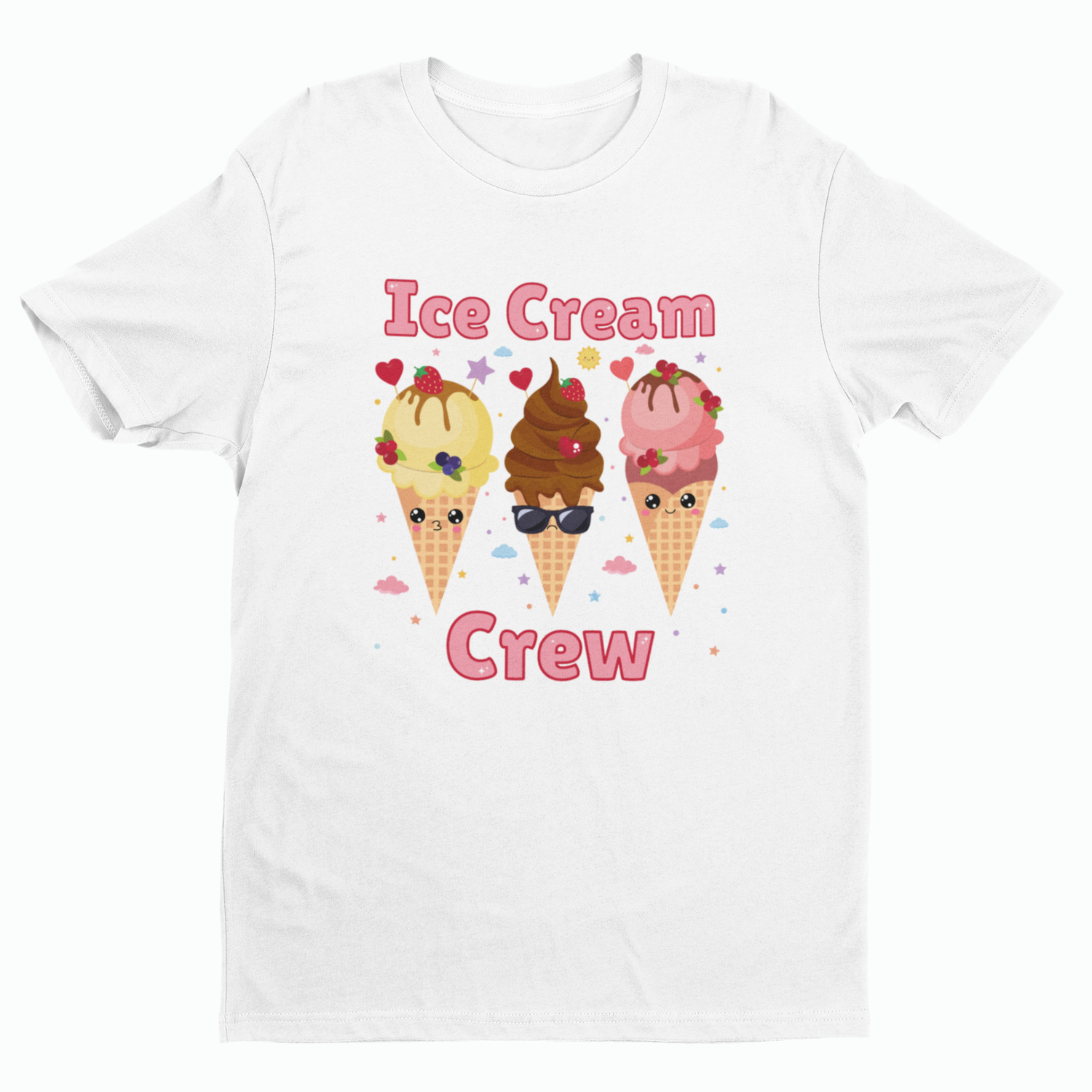 Girls white t-shirt with cute and cool ice cream cone graphics and 'Ice Cream Crew' pink text 