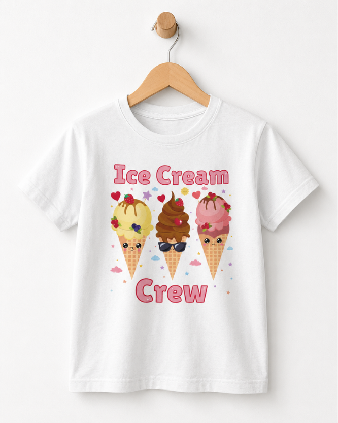 White t-shirt with ice cream cone graphics and 'Ice Cream Crew' text on a white background