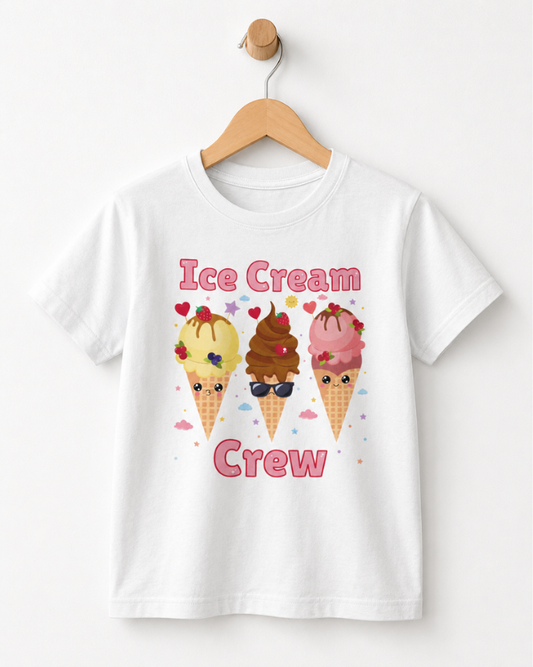 White t-shirt with ice cream cone graphics and 'Ice Cream Crew' text on a white background