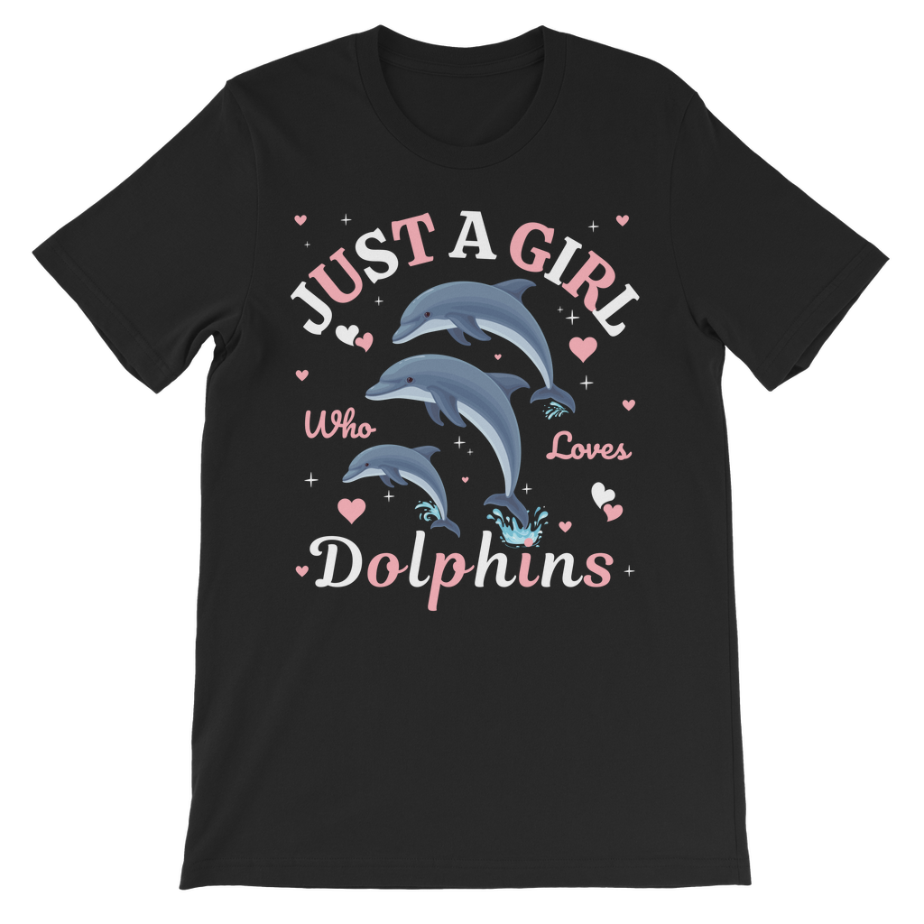 Girls black cotton t-shirt with playful dolphins, hearts, stars and the slogan 'Just a Girl Who Loves Dolphins' in pink and white.