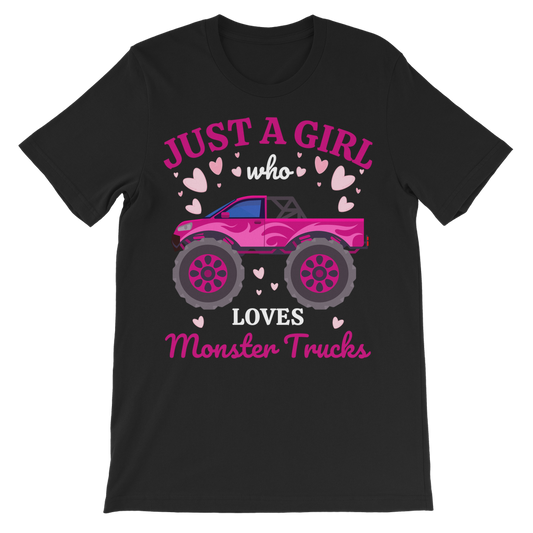 Black girls t-shirt with pink monster truck and Just a Girl Who Loves Monster Trucks slogan
